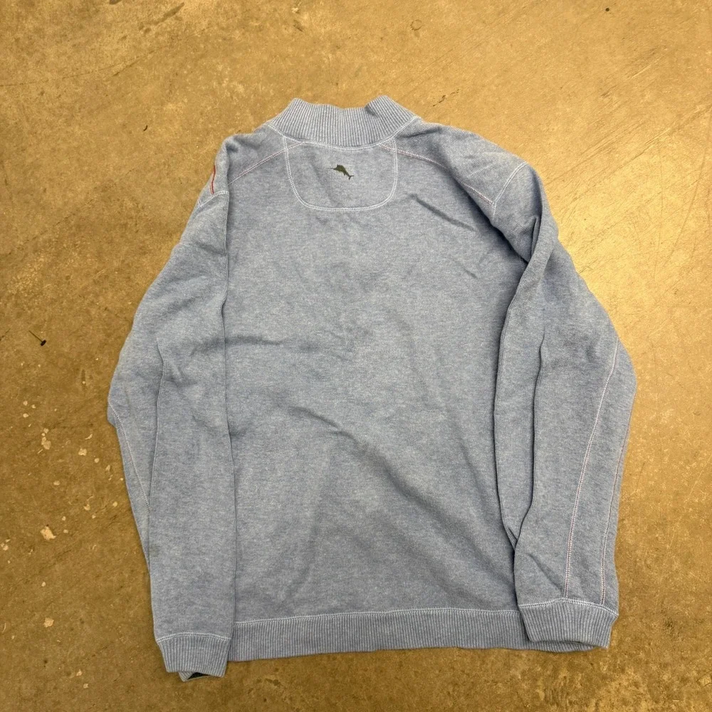 Tommy Bahama Mens XL Blue Quarter Zip Cotton Pullover Sweater Marlin Logo 2729